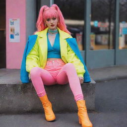 Anime girl styled in vintage 1980s fashion, showcasing bright neon colors, high-waist jeans, oversized jackets, and neon leg warmers.