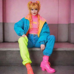 Anime girl styled in vintage 1980s fashion, showcasing bright neon colors, high-waist jeans, oversized jackets, and neon leg warmers.