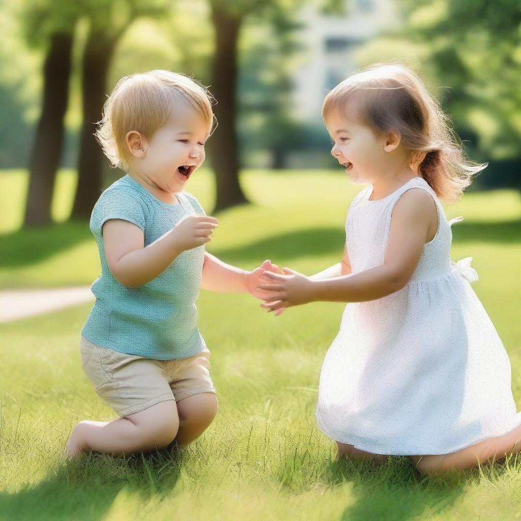 A little boy and girl playing together in a sunny park