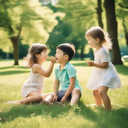 A little boy and girl playing together in a sunny park