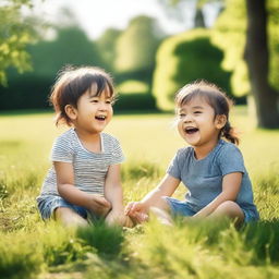 A little boy and girl playing together in a sunny park