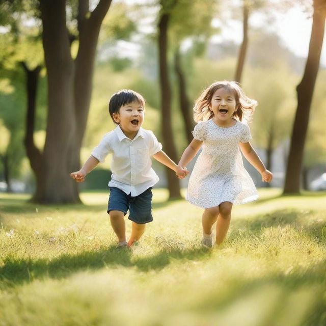 A little boy and girl playing together in a sunny park