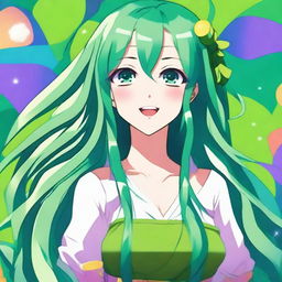 A beautiful anime girl with long, flowing green hair, sparkling eyes, and a cheerful expression