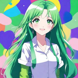 A beautiful anime girl with long, flowing green hair, sparkling eyes, and a cheerful expression