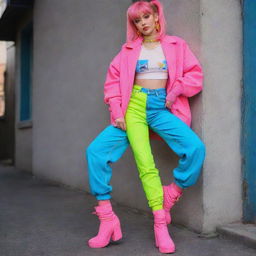 Anime girl styled in vintage 1980s fashion, showcasing bright neon colors, high-waist jeans, oversized jackets, and neon leg warmers.