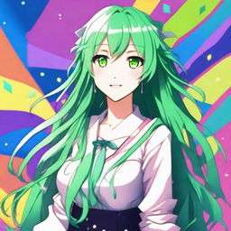 A beautiful anime girl with long, flowing green hair, sparkling eyes, and a cheerful expression