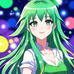 A beautiful anime girl with long, flowing green hair, sparkling eyes, and a cheerful expression