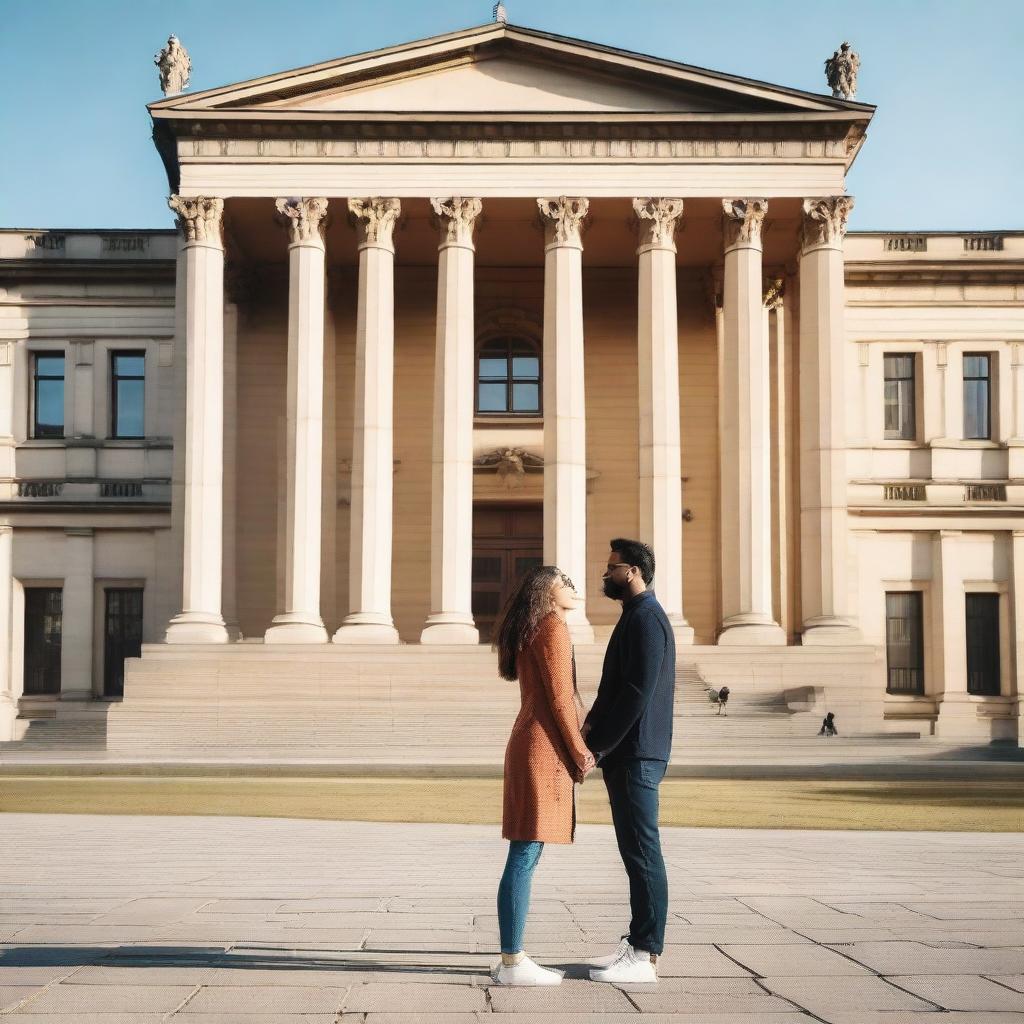 A couple standing face to face in front of a large, prestigious university building