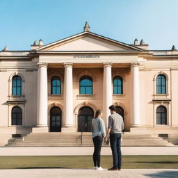 A couple standing face to face in front of a large, prestigious university building