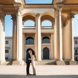 A couple standing face to face in front of a large, prestigious university building