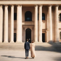 A couple standing face to face in front of a large, prestigious university building