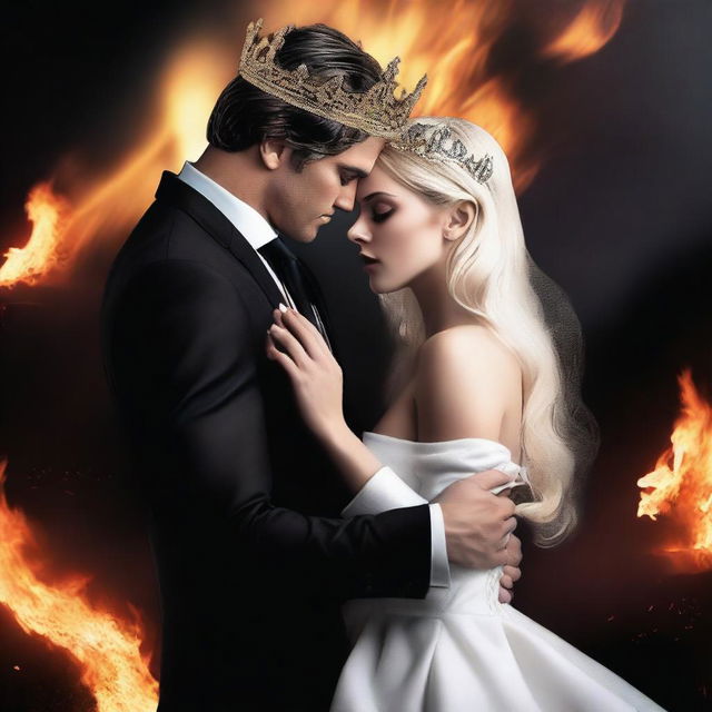 Create a realistic image of an attractive man wearing a black suit and a crown on his dark hair, holding a blonde young woman in a white dress in his arms