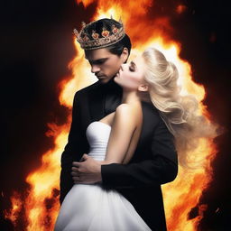 Create a realistic image of an attractive man wearing a black suit and a crown on his dark hair, holding a blonde young woman in a white dress in his arms