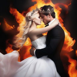 Create a realistic image of an attractive man wearing a black suit and a crown on his dark hair, holding a blonde young woman in a white dress in his arms