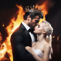 Create a realistic image of an attractive man wearing a black suit and a crown on his dark hair, holding a blonde young woman in a white dress in his arms