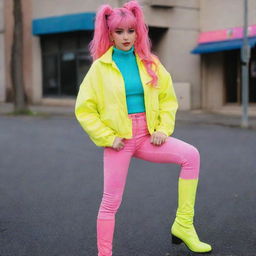 Anime girl styled in vintage 1980s fashion, showcasing bright neon colors, high-waist jeans, oversized jackets, and neon leg warmers.