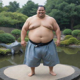 A real-life interpretation of Jimbei from One Piece. A tough, large man with a shark-inspired look; sharp teeth, dressed as a traditional sumo wrestler, in a zen garden setting with a serene pond behind him.