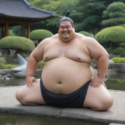 A real-life interpretation of Jimbei from One Piece. A tough, large man with a shark-inspired look; sharp teeth, dressed as a traditional sumo wrestler, in a zen garden setting with a serene pond behind him.