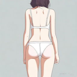 A thin girl wearing white underwear is standing with her back facing the viewer