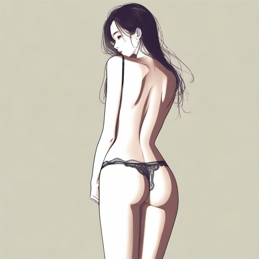 A slender girl wearing lingerie is standing with her back facing the viewer