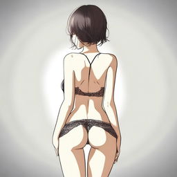 A slender girl wearing lingerie is standing with her back facing the viewer