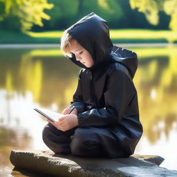 A young boy in a black raincoat with the hood up is sitting by a river on a sunny day