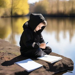 A young boy in a black raincoat with the hood up is sitting by a river on a sunny day