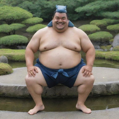 A real-life interpretation of Jimbei from One Piece. A tough, large man with a shark-inspired look; sharp teeth, dressed as a traditional sumo wrestler, in a zen garden setting with a serene pond behind him.