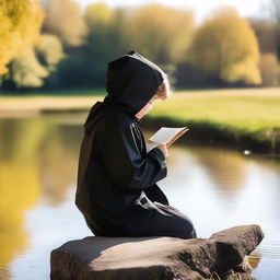 A young boy in a black raincoat with the hood up is sitting by a river on a sunny day