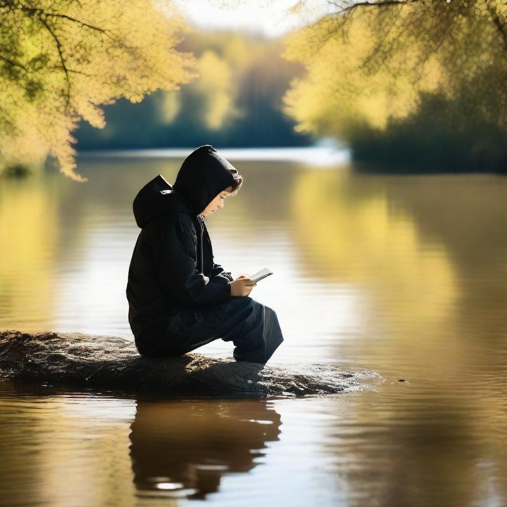 A young boy in a black raincoat with the hood up is sitting by a river on a sunny day