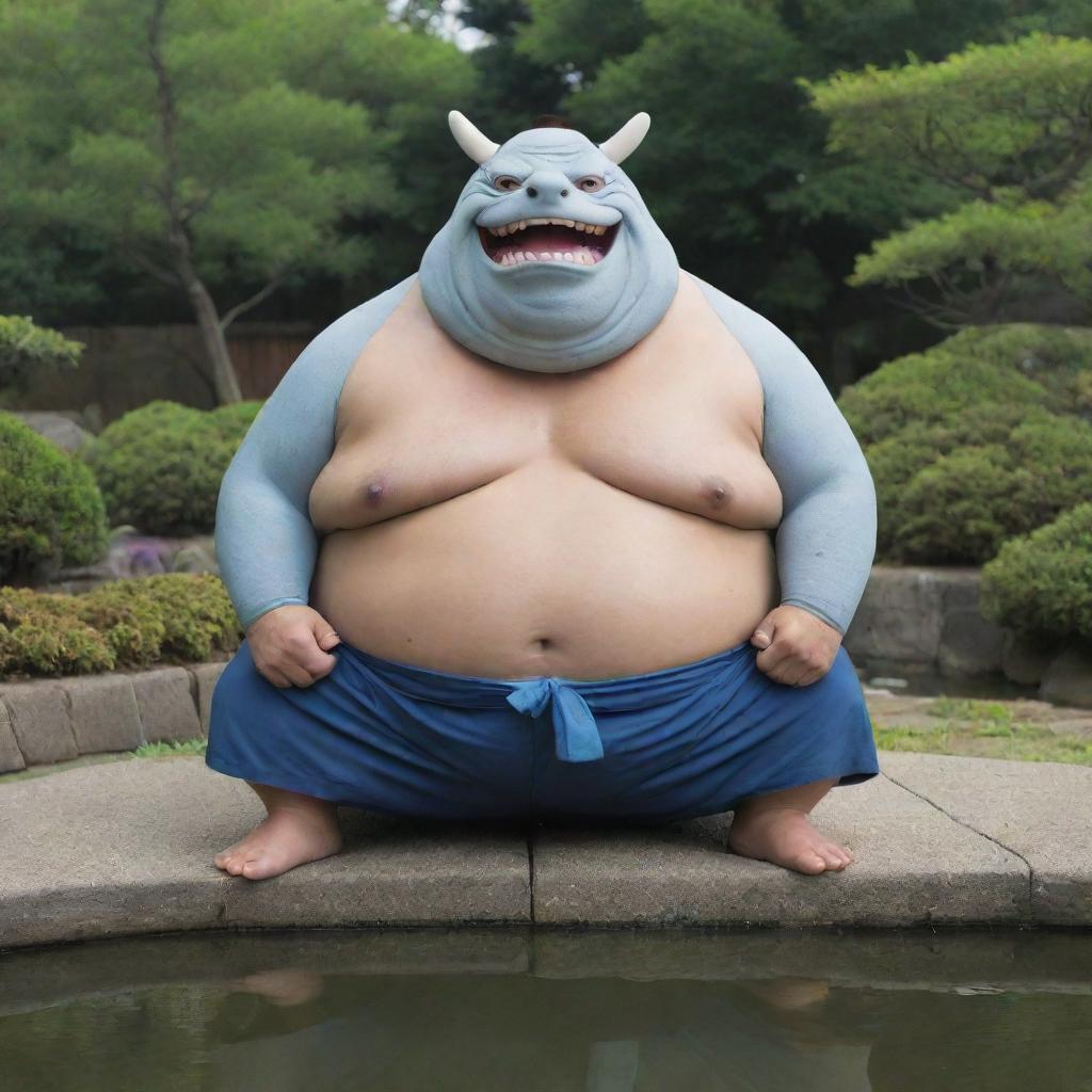 A real-life interpretation of Jimbei from One Piece. A tough, large man with a shark-inspired look; sharp teeth, dressed as a traditional sumo wrestler, in a zen garden setting with a serene pond behind him.