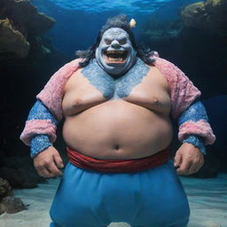 A real-life interpretation of Fishman Jimbei from One Piece. A burly man with distinct shark-like features, dressed as a noble samurai, standing authoritatively in an underwater palace amidst coral formations.