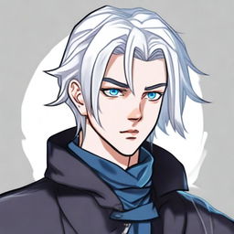 Create an image of a non-binary blood hunter with shoulder-length grey hair that has blue tints, wearing a black scarf and dark, closed clothing with white eyes