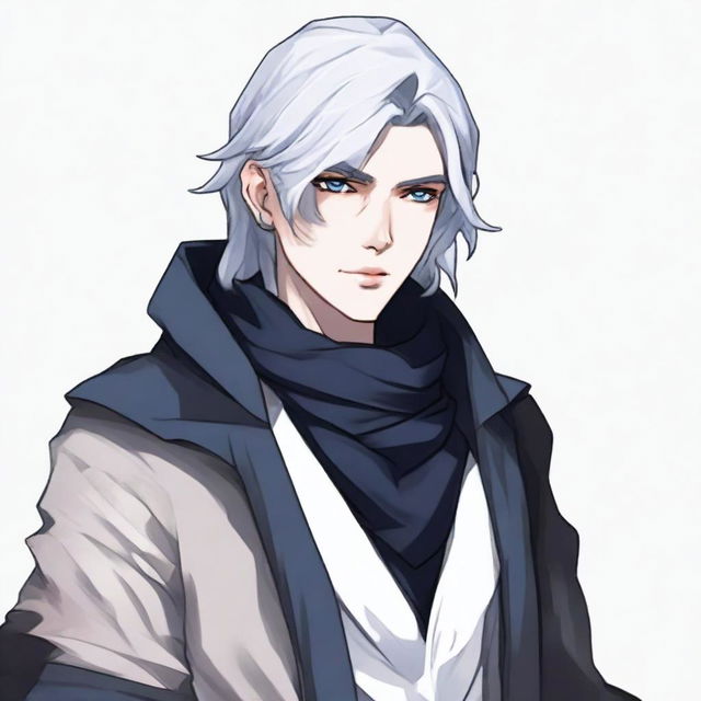 Create an image of a non-binary blood hunter with shoulder-length grey hair that has blue tints, wearing a black scarf and dark, closed clothing with white eyes