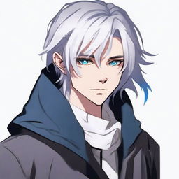 Create an image of a non-binary blood hunter with shoulder-length grey hair that has blue tints, wearing a black scarf and dark, closed clothing with white eyes