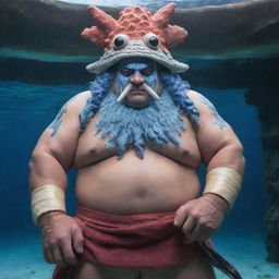 A real-life interpretation of Fishman Jimbei from One Piece. A burly man with distinct shark-like features, dressed as a noble samurai, standing authoritatively in an underwater palace amidst coral formations.