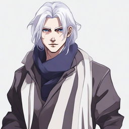 Create an image of a non-binary blood hunter with shoulder-length grey hair that has blue tints, wearing a black scarf and dark, closed clothing with white eyes