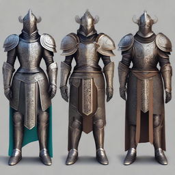 A collection of cool fantasy suits of armor, each with unique designs and intricate details