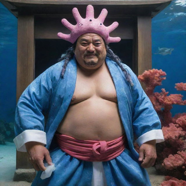 A real-life interpretation of Fishman Jimbei from One Piece. A burly man with distinct shark-like features, dressed as a noble samurai, standing authoritatively in an underwater palace amidst coral formations.