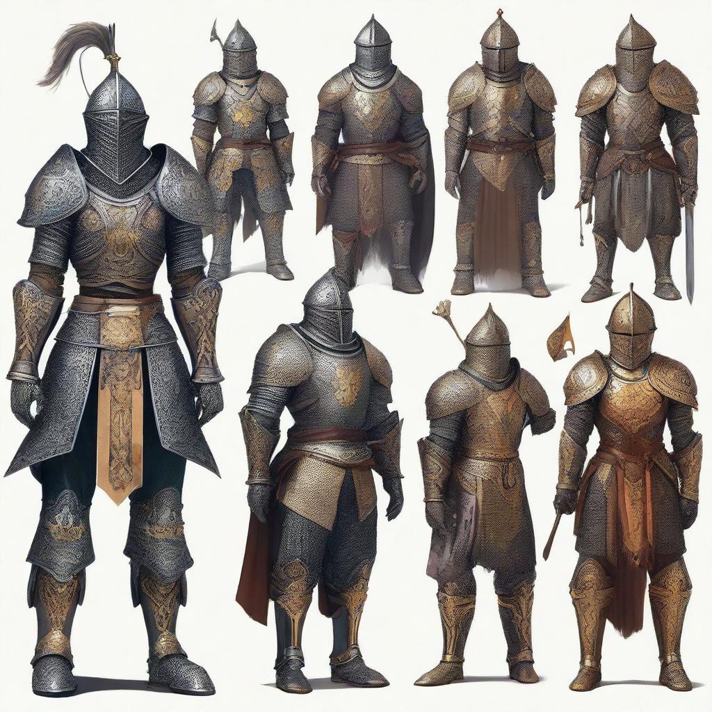 A collection of cool fantasy suits of armor, each with unique designs and intricate details