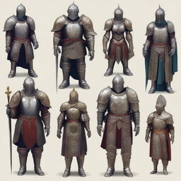 A collection of cool fantasy suits of armor, each with unique designs and intricate details