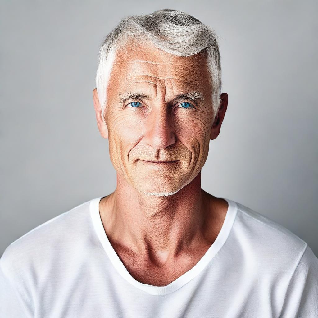 A fit, clean-shaven man with gray hair and blue eyes, dressed in a white tee-shirt and black jeans