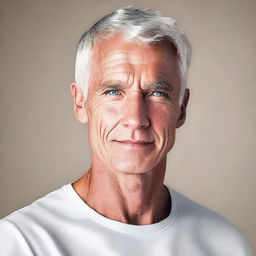 A fit, clean-shaven man with gray hair and blue eyes, dressed in a white tee-shirt and black jeans