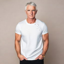 A fit, clean-shaven man with gray hair and blue eyes, dressed in a white tee-shirt and black jeans