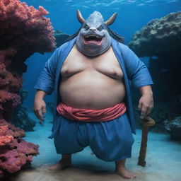 A real-life interpretation of Fishman Jimbei from One Piece. A burly man with distinct shark-like features, dressed as a noble samurai, standing authoritatively in an underwater palace amidst coral formations.