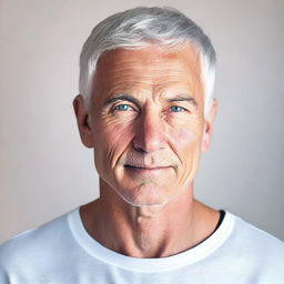 A fit, clean-shaven man with gray hair and blue eyes, dressed in a white tee-shirt and black jeans