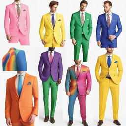 A collection of fancy suits with a rainbow color scheme