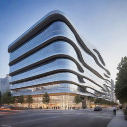 A futuristic shopping and office building design that harmoniously coexists with a dynamic environment, promoting optimal shopping and working experiences.