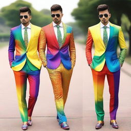 A collection of fancy rainbow suits with a fantasy theme