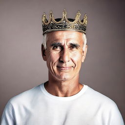 A clean-shaven man with gray hair, dressed in a white tee-shirt and black jeans